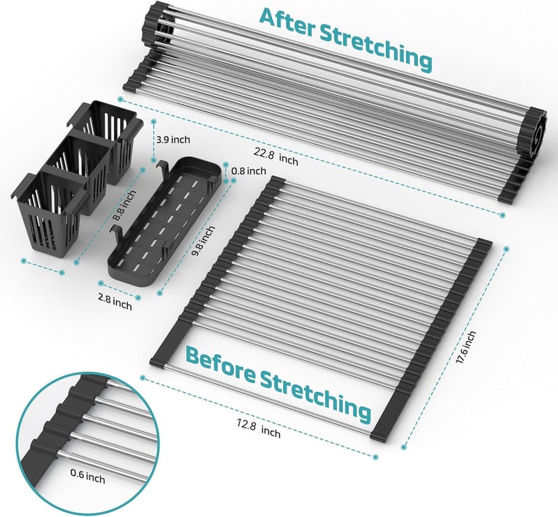 BBXTYLY Extra Large Black Expandable Roll Up Dish Drying Rack Up to 22.8''with 2 Storage Baskets,Over The Sink Kitchen Rolling up Dish Drainer Dish Drying Rack in Sink, Foldable,Rollable,for Kitchen Dishes - Image 3